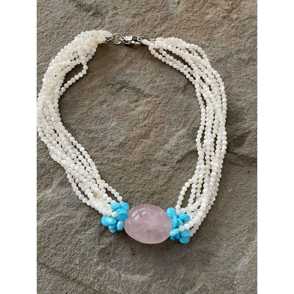 Collar Necklace White Rose Quartz Turquoise Multi Strand 24 Inches Designer
